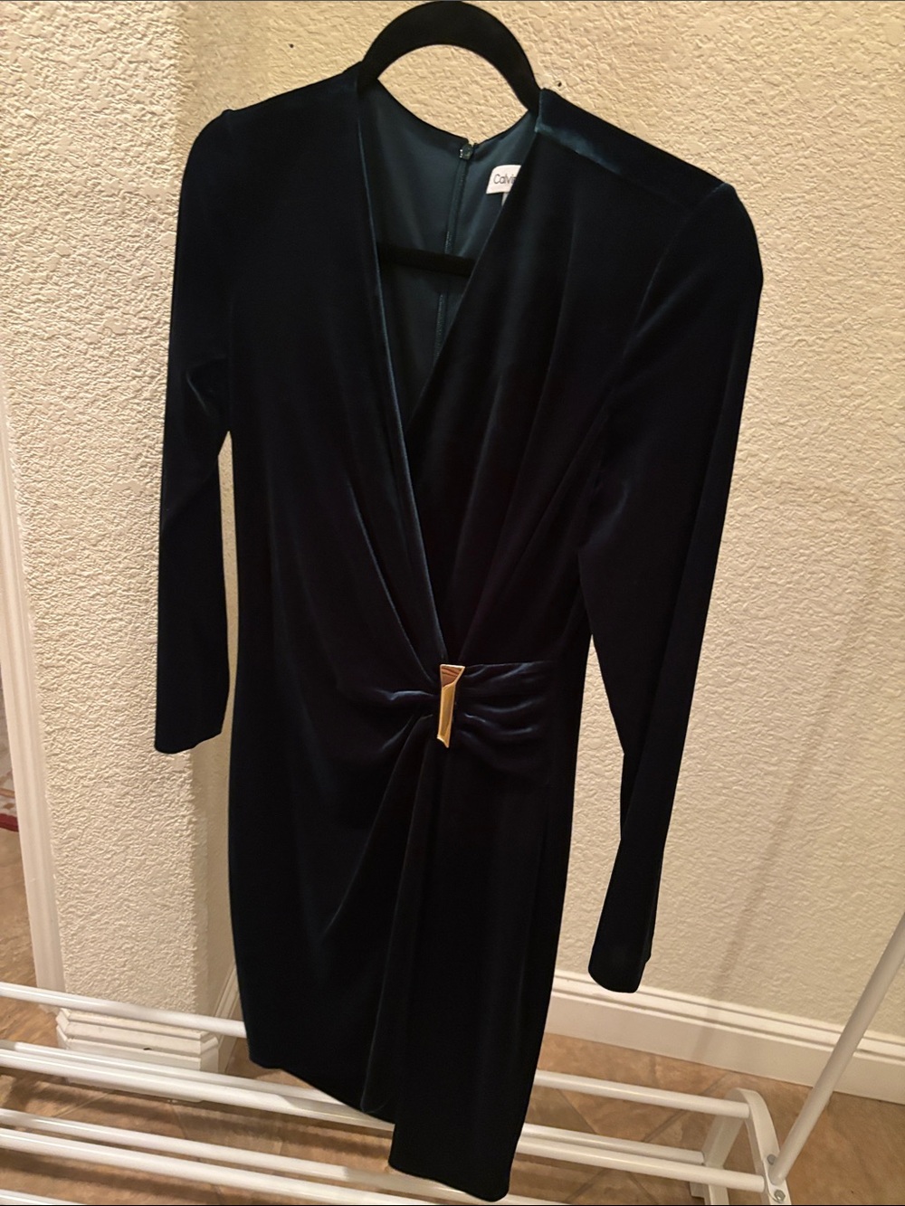 Calvin Klein Dark green Velvet Long-Sleeve Wrap Dress with Gold Accent
